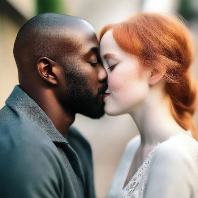 A pale redhead girl sharing a tender kiss with a black man