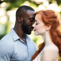 A pale redhead girl sharing a tender kiss with a black man