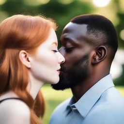 A pale redhead girl sharing a tender kiss with a black man