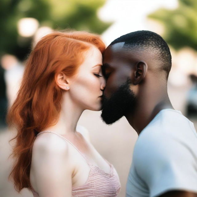 A beautiful pale redhead girl wearing shorts and a crop top is kissing a black man