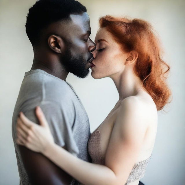 An attractive pale redhead girl wearing shorts and a crop top is gently kissing the stomach of a black man