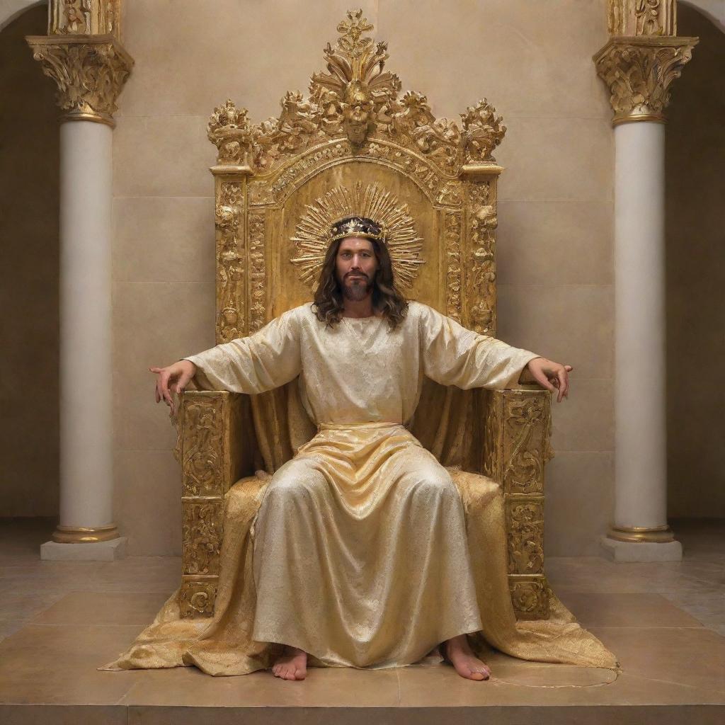 Jesus sitting on a golden throne with an apprehensive Satan kneeling at his feet.