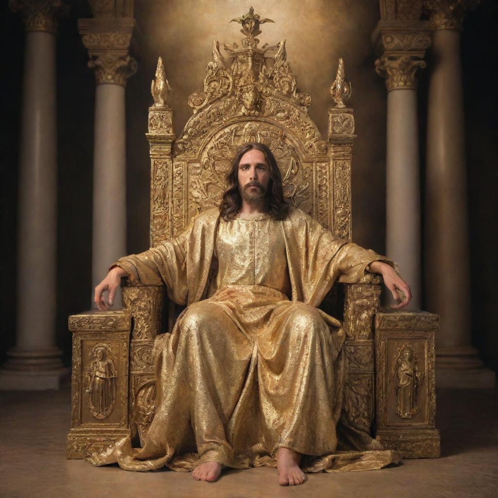 Jesus sitting on a golden throne with an apprehensive Satan kneeling at his feet.