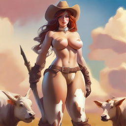 Create stunning images of gigantic anthropomorphic cow girls with massive curves