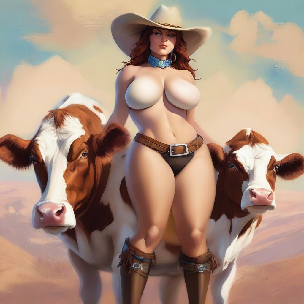 Create stunning images of gigantic anthropomorphic cow girls with massive curves