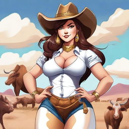 Create stunning images of gigantic anthropomorphic cow girls with massive curves