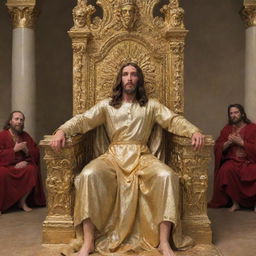 Jesus sitting on a golden throne with an apprehensive Satan kneeling at his feet.