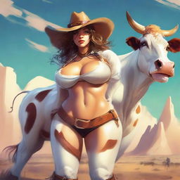 Create stunning images of gigantic anthropomorphic cow girls with massive curves