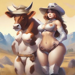 Create stunning images of gigantic anthropomorphic cow girls with massive curves