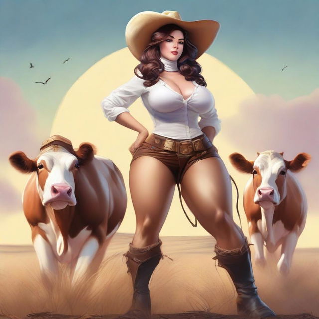 Create stunning images of gigantic anthropomorphic cow girls with massive curves