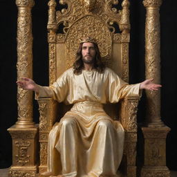 Jesus sitting on a golden throne with an apprehensive Satan kneeling at his feet.