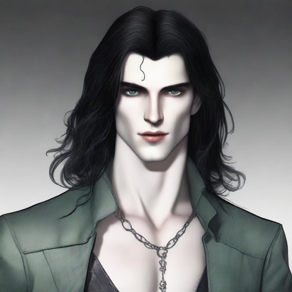 A 22-year-old vampire with green eyes, long black hair, very pale skin, and a sharp jawline