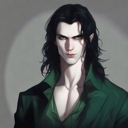 A 22-year-old vampire with green eyes, long black hair, very pale skin, and a sharp jawline