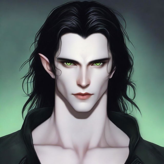 A 22-year-old vampire with green eyes, long black hair, very pale skin, and a sharp jawline