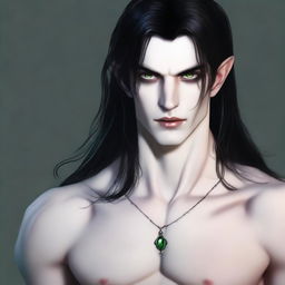 A 22-year-old vampire with green eyes, long black hair, very pale skin, and a sharp jawline