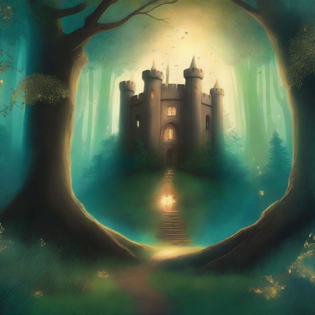 A captivating book cover featuring a mystical forest with ancient trees, glowing fireflies, and a hidden path leading to an enchanted castle in the distance