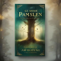 A captivating book cover featuring a mystical forest with ancient trees, glowing fireflies, and a hidden path leading to an enchanted castle in the distance