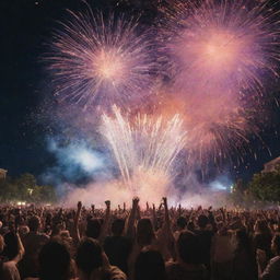 A vibrant scene of a grand finale moment with fireworks filling up the sky, people celebrating, and confetti falling all around