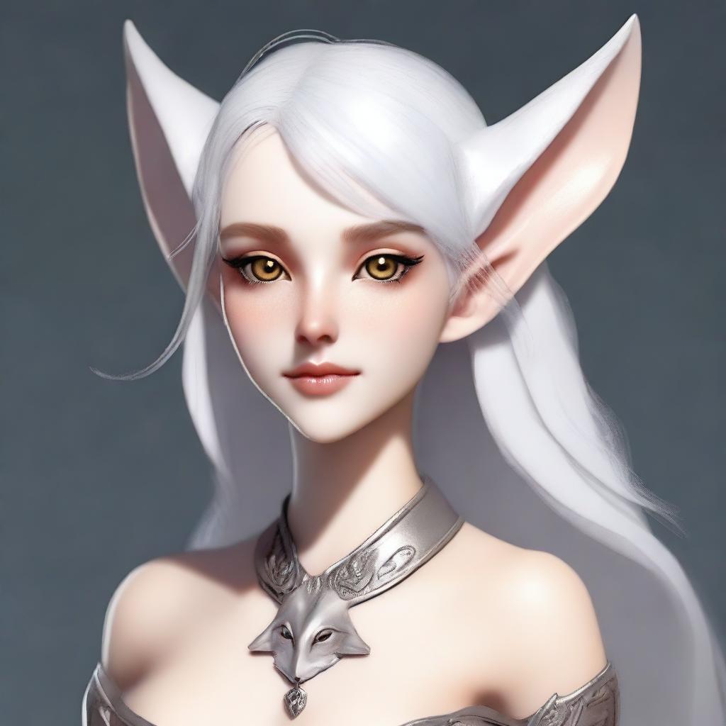 Create an image of a young female character who is a mix of an elf, a half desert fox, and a white planaria