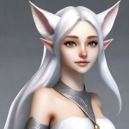 Create an image of a young female character who is a mix of an elf, a half desert fox, and a white planaria