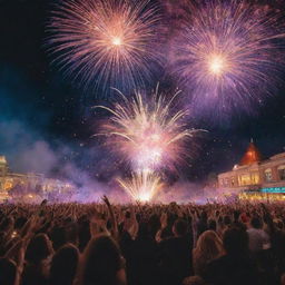 A vibrant scene of a grand finale moment with fireworks filling up the sky, people celebrating, and confetti falling all around