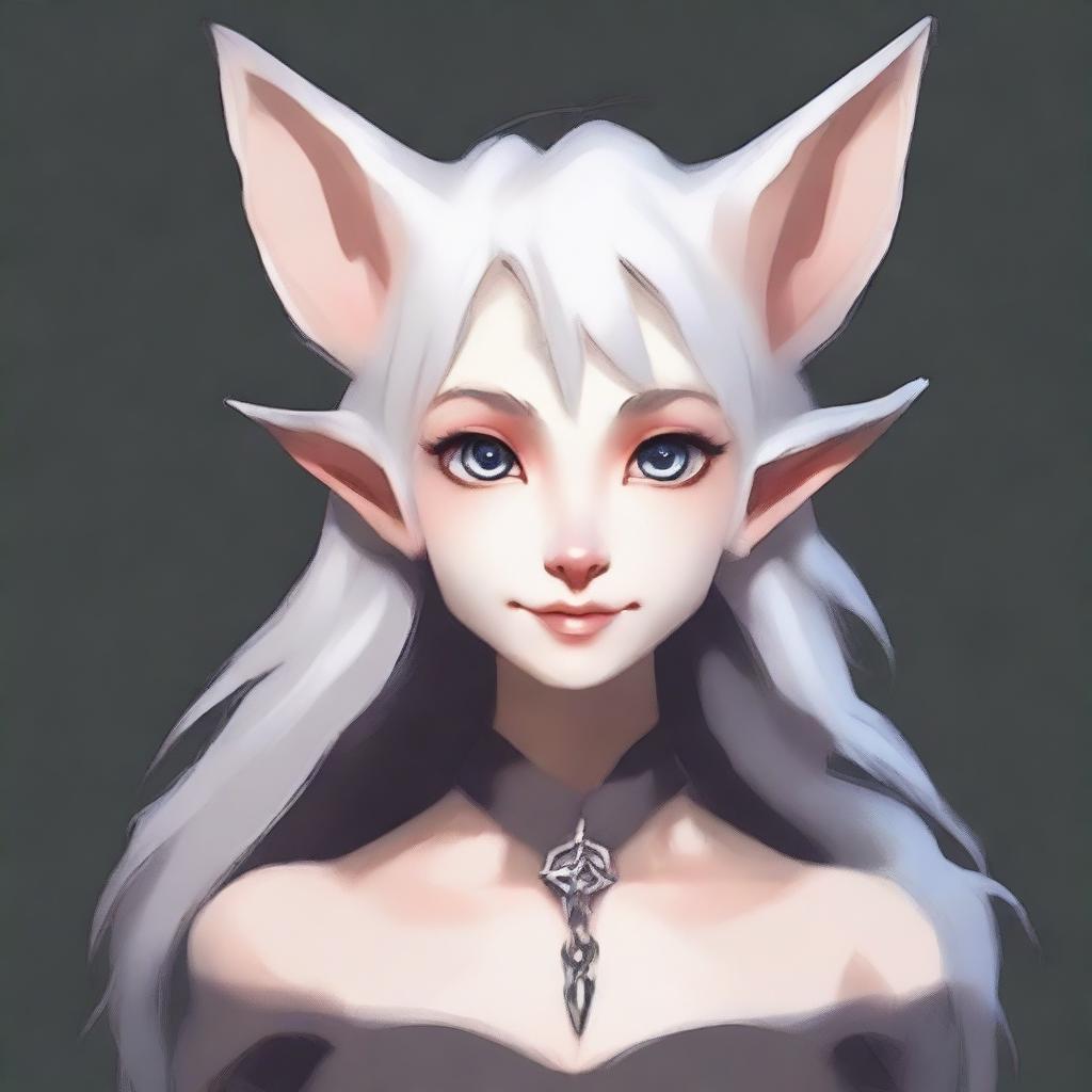 Create an image of a young, mentally unstable female character who is an elf and half desert fox with thin dark gray fur and no visible skin