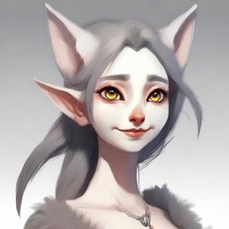 Create an image of a young, mentally unstable female character who is an elf and half desert fox with thin dark gray fur and no visible skin