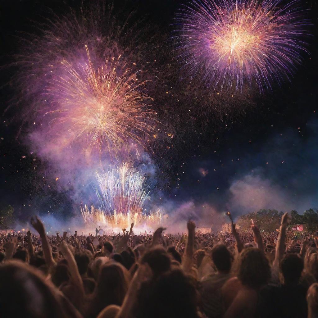 A vibrant scene of a grand finale moment with fireworks filling up the sky, people celebrating, and confetti falling all around