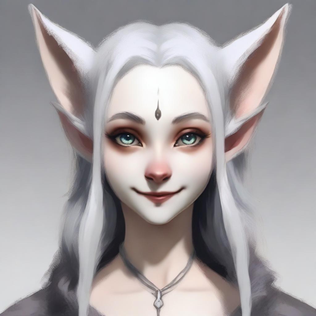 Create an image of a young, mentally unstable female character who is an elf and half desert fox with thin dark gray fur and no visible skin