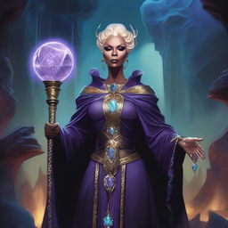 A detailed fantasy illustration of RuPaul as a powerful Lich Queen in the Dungeons & Dragons universe