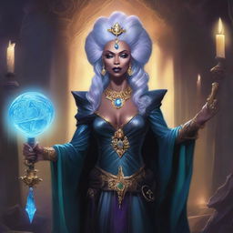 A detailed fantasy illustration of RuPaul as a powerful Lich Queen in the Dungeons & Dragons universe