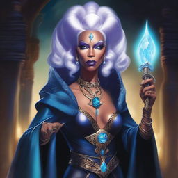 A detailed fantasy illustration of RuPaul as a powerful Lich Queen in the Dungeons & Dragons universe