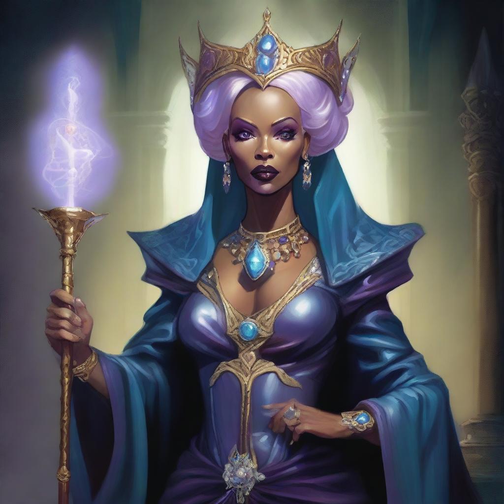 A detailed fantasy illustration of RuPaul as a powerful Lich Queen in the Dungeons & Dragons universe