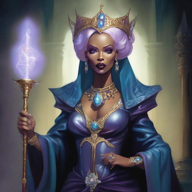 A detailed fantasy illustration of RuPaul as a powerful Lich Queen in the Dungeons & Dragons universe