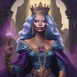 A detailed fantasy illustration of RuPaul as an undead queen in the Dungeons & Dragons universe