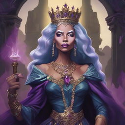 A detailed fantasy illustration of RuPaul as an undead queen in the Dungeons & Dragons universe