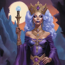 A detailed fantasy illustration of RuPaul as an undead queen in the Dungeons & Dragons universe