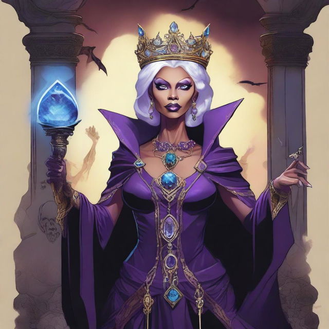 A detailed fantasy illustration of RuPaul as an undead queen in the Dungeons & Dragons universe