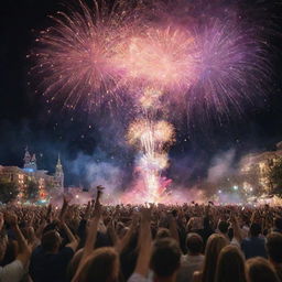 A vibrant scene of a grand finale moment with fireworks filling up the sky, people celebrating, and confetti falling all around