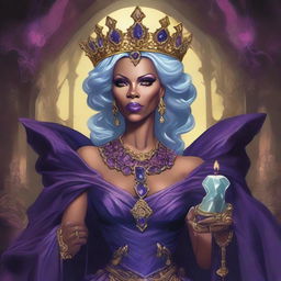 A detailed fantasy illustration of RuPaul as an undead queen in the Dungeons & Dragons universe