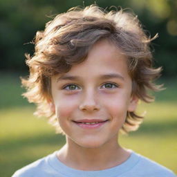 Portrait of a handsome, youthful boy with expressive eyes, sparkling with innocence and wonder. He has a warm smile and ruffled hair casting gentle shadows on his forehead.