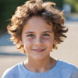 Portrait of a handsome, youthful boy with expressive eyes, sparkling with innocence and wonder. He has a warm smile and ruffled hair casting gentle shadows on his forehead.