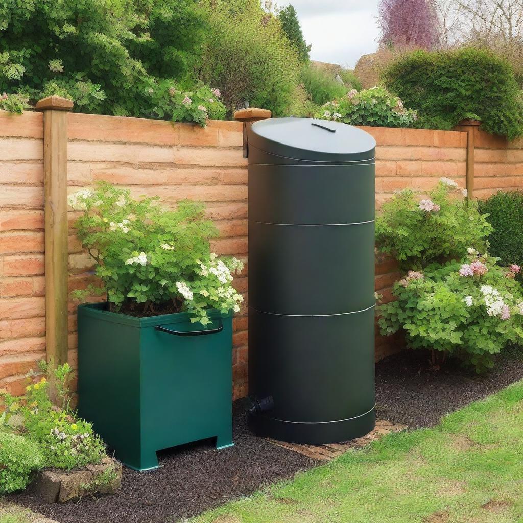 A black water butt installed in a typical UK garden