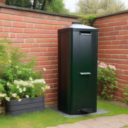 A black water butt installed in a typical UK garden