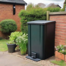 A black water butt installed in a typical UK garden