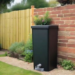 A black water butt installed in a typical UK garden