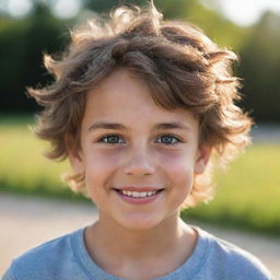 Portrait of a handsome, youthful boy with expressive eyes, sparkling with innocence and wonder. He has a warm smile and ruffled hair casting gentle shadows on his forehead.