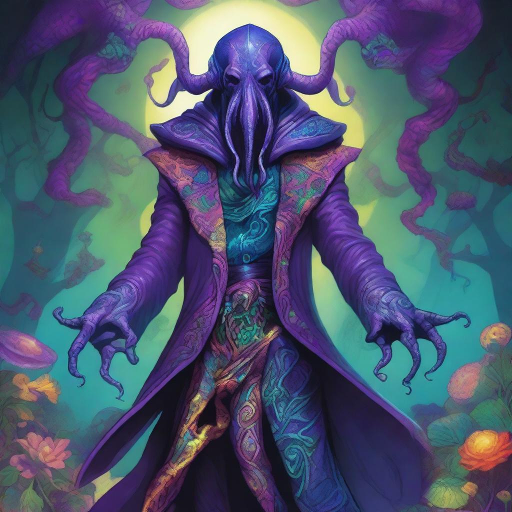 A detailed fantasy illustration of a Mind Flayer wearing a flashy, colorful suit