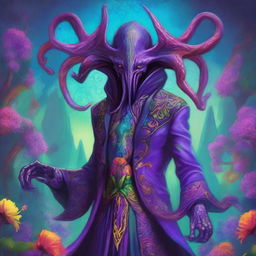 A detailed fantasy illustration of a Mind Flayer wearing a flashy, colorful suit