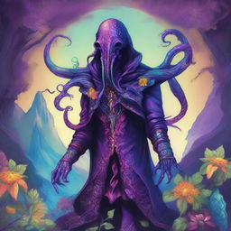 A detailed fantasy illustration of a Mind Flayer wearing a flashy, colorful suit